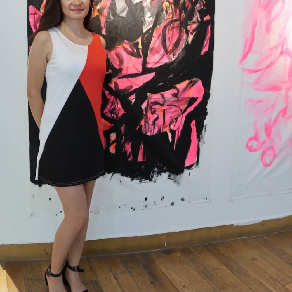 Black white &red mini block print dress